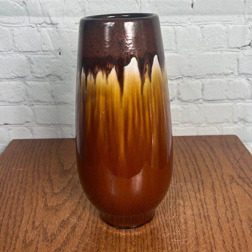 HOSLEY POTTERY Dipped Brown & Caramel Large 11” TALL VASE Vintage